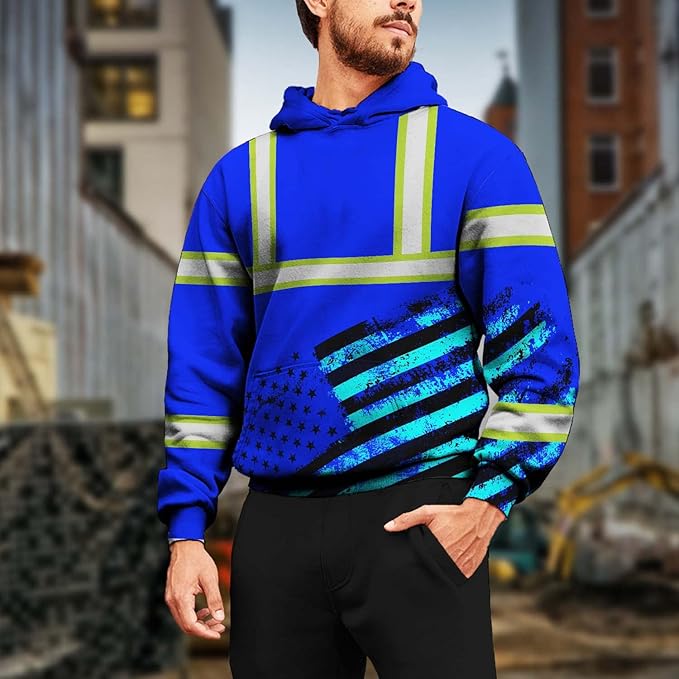 Color US Flag High Visibility Hoodie for Men Women Reflective Tapes Safety Workwear for Worker Runner Patriotic