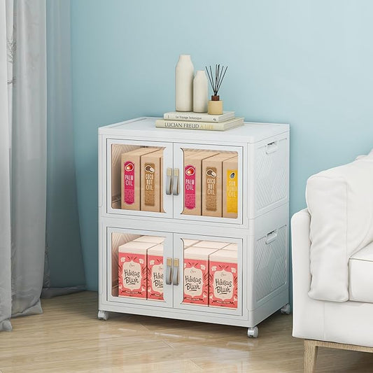 Large Clear Stackable Storage Bins with Lids, Foldable Storage Cabinet for Closet Organizers and Storage, Plastic Storage Box with Wheels 90 QT