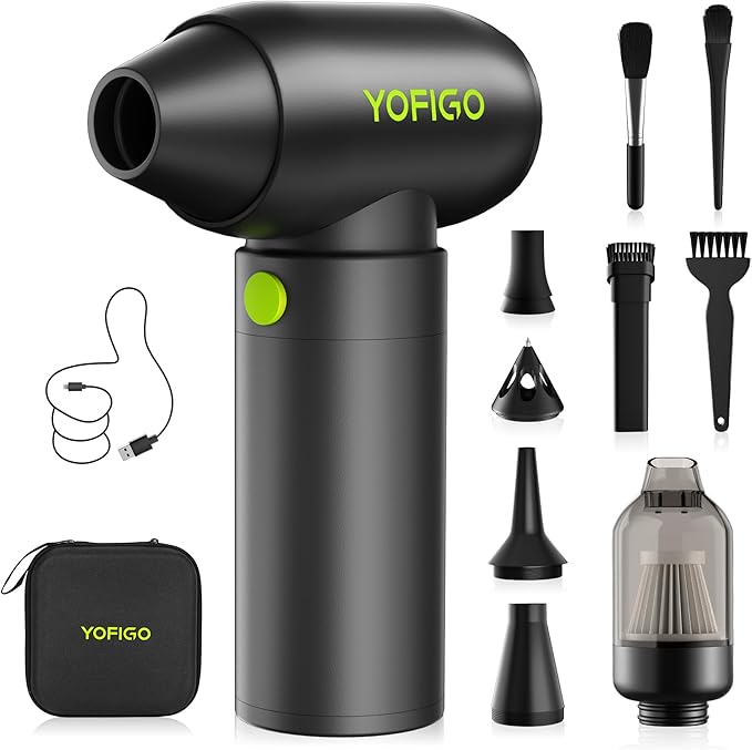 Compressed Air Duster, YOFIGO Electric Air Duster PC & Keyboard Cleaning Kit, 150000RPM Rechargeable 4-Speed Dust Mover for Car, Mini Metal Handheld Air Blower Replaces Compressed Air Can