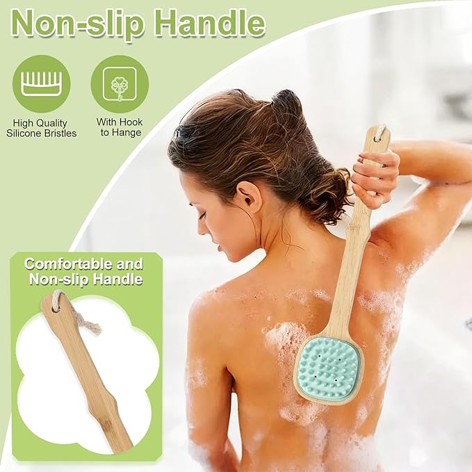 Silicone Back Scrubber for Shower, Silicone Bath Body Brush Loofah with Long Handle, Dual-Sided Shower Brush for Body, Lake Blue Exfoliating Body Scrubber for Men Women, Back Washer for Men with Hook