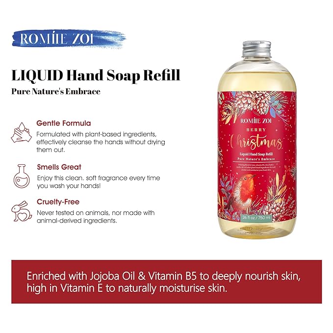 ROMIIE ZOI Christmas Liquid Hand Soap Refill- Berry Christmas- Infused with Holiday Floral Aroma, Gentle & Moisturizing Formula for Home & Kitchen, 750 ML/ 26 FL OZ