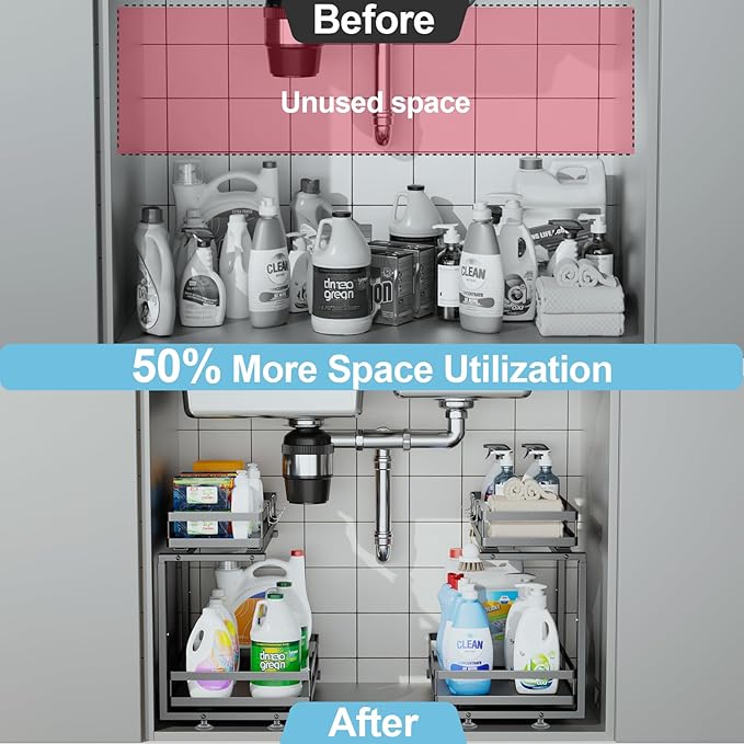 Under Sink Organizer, JCYLQ Dual-Rail Ball-Bearing, Under Kitchen Sink Organizer, 6-Level Adjustable, Under Cabinet Storage, No-Drill Adhesive/Suction, Under Sink Organizers and Storage (1-Pack)