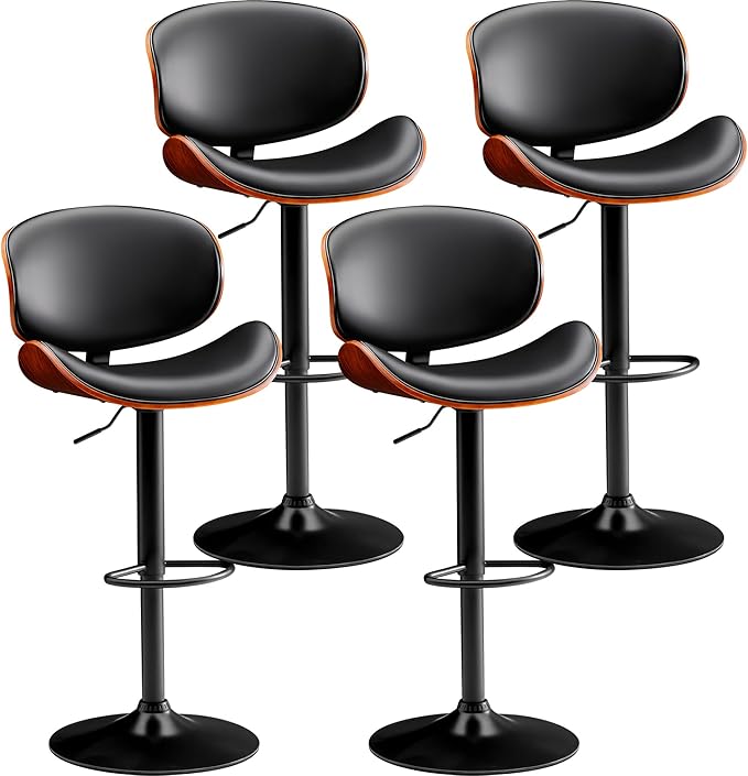 Bar Stools Set of 4 Adjustable Swivel Bentwood Barstools PU Leather Modern Bar Chairs with Back & Footrest for Bar, Kitchen Island, Dining Room (Black, Set of 4)