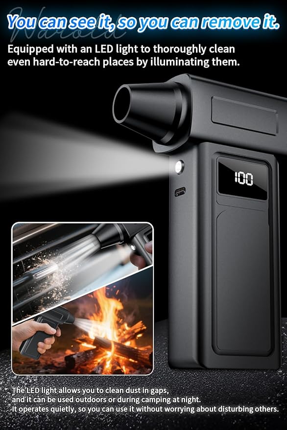 1-Second Turbo Blast — Compressed Air Duster 200,000RPM - Powerful Cordless Electric Air Blower with LED Light, 4-Speed Adjustable, Rechargeable Dust Cleaner for PC, Car，Home Canned Air Alternative