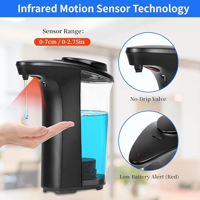 FKWin Automatic Soap Dispenser, Touchless Hand Soap Dispensers 17oz/500ml with 5 Adjustable Soap Levels, Kitchen Soap Dispensers, Liquid Hand Soap Dispenser Bathroom, Black