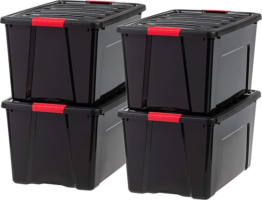 IRIS USA 72 Qt Stackable Plastic Storage Bins with Lids, 4 Pack - BPA-Free, Made in USA - Garage Organizing Solution, Latches, Durable Nestable Containers, Secure Pull Handle - Black