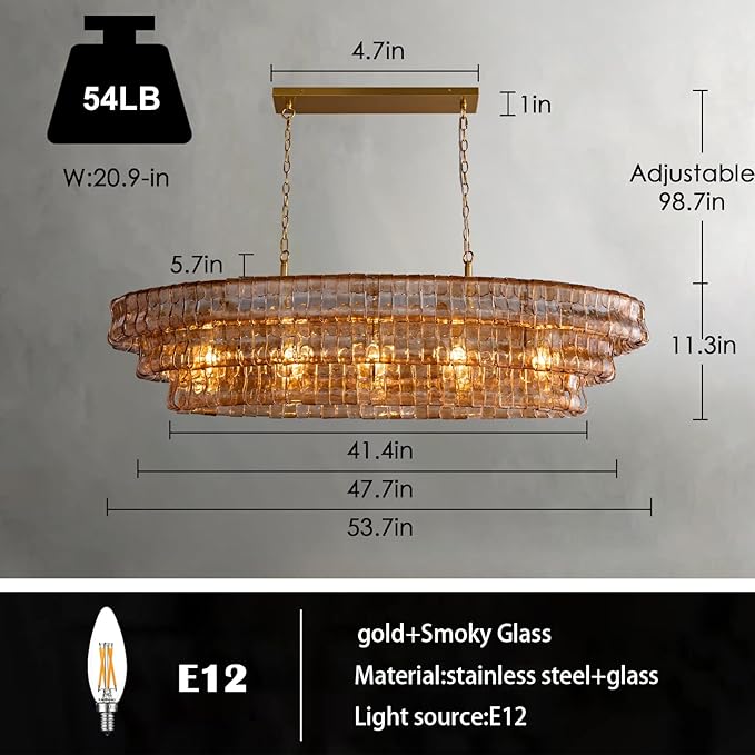 Large Chandelier, 54" Gold Rectangular Drum Chandeliers for Dining Room, 5-Light Modern Round Kitchen Island Hanging Light Fixture for Living Room, Kitchen Island, Foyer