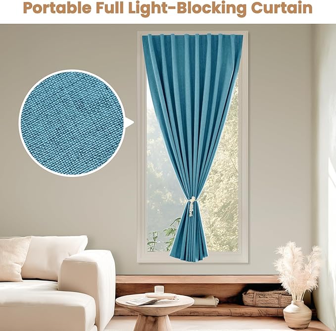 100% Blackout Curtain,Adhesive Curtain,Black Out Window Cover No Drilling Travel Kit,Perfect for Media Rooms, Dormitories and Renters (Stone Blue - W35 × L80 in)