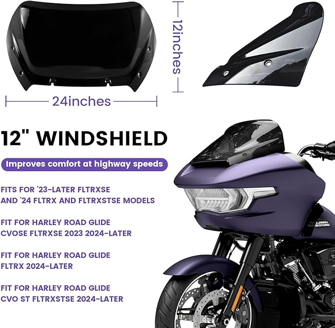 Compatible with 2023 2024 Road Glide Windshield 12" Windscreen for Harley road glide CVO/SE FLTRXSE 2023 2024 FLTRX 2024 CVO ST FLTRXSTSE 2024,Black