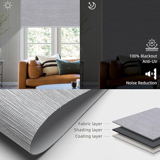 SmartWings Motorized Roller Shades Work with Homekit, 100% Blackout Smart Blinds for Windows, Cordless Remote Control Window Shades, Essential Grey, Customized Size