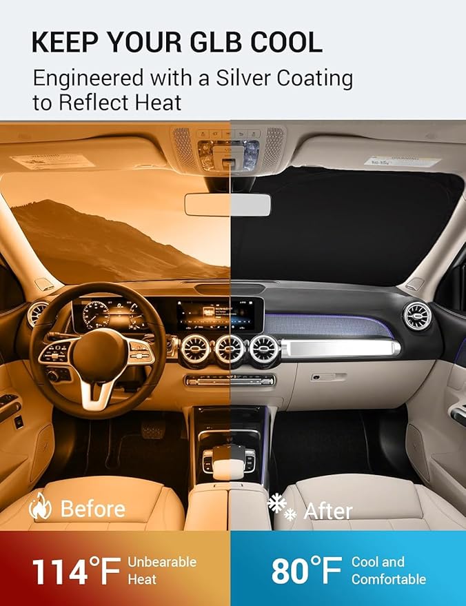Proadsy 2025 Upgrade Windshield Sun Shade Custom Fit 2020-2023 2024 2025 Mercedes Benz GLB Foldable Front Sunshade Protector Sun Visor Blocks UV Rays Keep Car Cooler