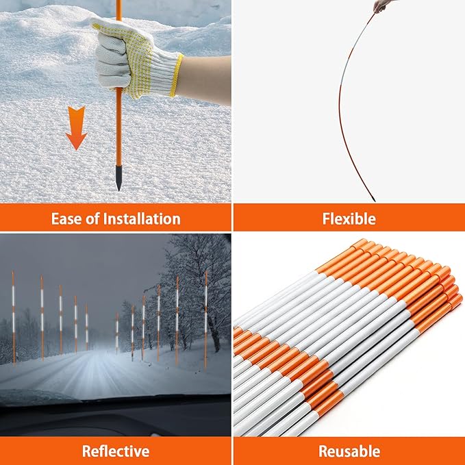 DGSL 50 PCS Driveway Markers, Driveway Reflectors on Poles Orange Fiberglass Snow Stakes with Reflective Tape for Easy Visibility, with Protection Gloves and Drill Bit for Parking Lots, Walkways