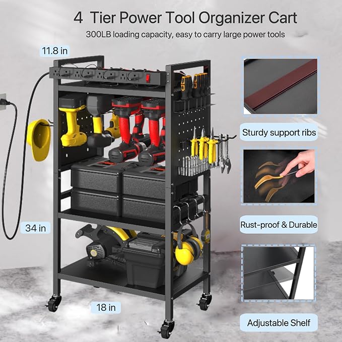 Power Tool Organizer Cart with Charging Station, 4-Tier Rolling Tool Cart for Garage Storage,Heavy-Duty Floor-Standing Storage Rack with 8-Outlet Power Strip,Supports 500 lbs