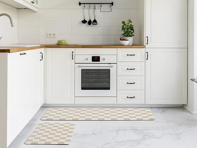 Beige Khaki Checkered Kitchen Mats for Floor Set of 2, 2 Pcs Cushioned Non Slip Runner Rugs for Kitchen/Sink/Laundry, Comfort Aesthetic Cute Anti-Fatigue Foam Floor Mat 17.3"x29.5"+17.3"x47.2"