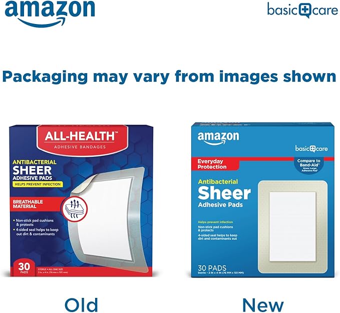Amazon Basic Care Sheer Adhesive Pad Bandages, Extra Large Comfortable Non-Stick Pad, All Skin Types, 30 Count (3x4 inches)