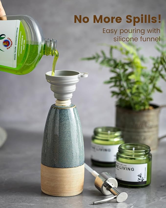 12 oz Dish Soap Dispenser with 2 Pumps, Ceramic Hand Soap Bottle for Shampoo, Body Wash, Lotion, Liquid Dispenser for Kitchen Countertop with Silicone Funnel, Blue