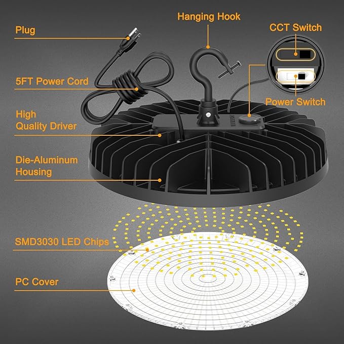 10 Pack UFO LED High Bay Light 150W 120W 90W Adjustable High Bay LED Shop Lights 4500K 5000K 5700K Tunable 0-10V Dimmable for Warehouse Garage ETL DLC Listed AC100-277V