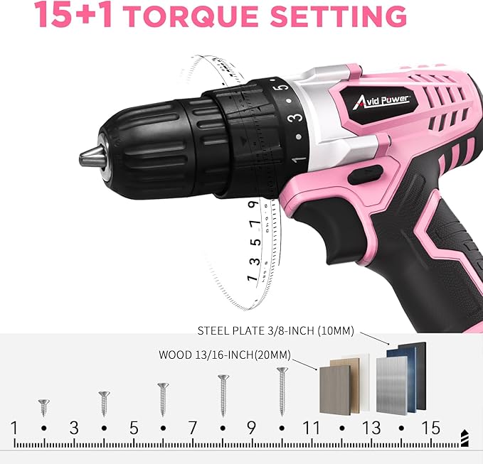 AVID POWER 20V MAX Lithium lon Cordless Drill Set, Power Drill Kit with Battery and Charger, 3/8-Inch Keyless Chuck, Variable Speed, 16 Position and 22pcs Bits (Pink)
