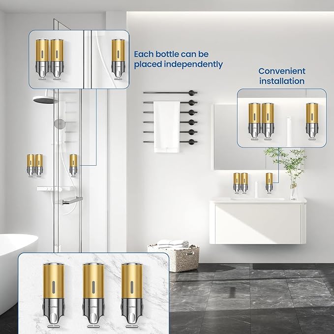 Shampoo and Conditioner Dispenser,Dispensers for The Shower,Shower Soap Dispenser 3 Chamber No Drill,Shampoo Conditioner Body Wash Dispenser Wall Mount for Bathroom(Triple x 17.6 oz,Golden)