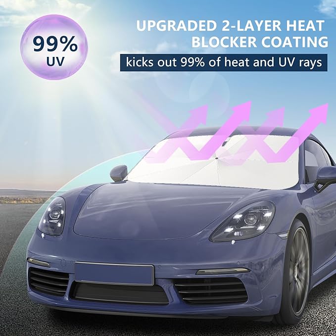 Tecoom Umbrella Sun Shade for Car Windshield 57"x32", Upgrade Double Heat Shield Coating, Front Vehicle Window Visor Sunshade Cover Universal for Sedan SUV, Automotive Interior Sun Protection UV Block