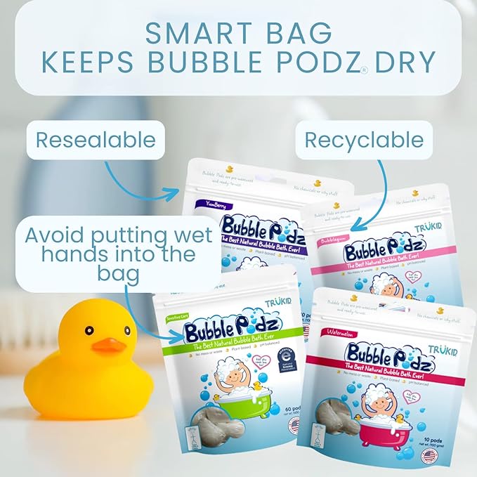 TruKid Bubble Podz Bubble Bath for Kids, Toddlers, & Babies, Tear Free Gentle & Refreshing Bath Bomb for Sensitive Skin with Natural Moisturizers, Non-Toxic, pH Balanced, Watermelon Scent (60 Podz)