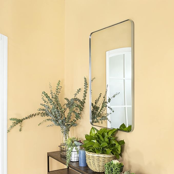 GRACTO 24x36'' Brushed Nickel Metal Framed Bathroom Mirror for Wall in Stainless Steel Rounded Rectangular Bathroom Vanity Mirrors Wall Mounted