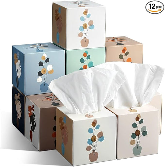 12 Pack Fall Vase Illustration Facial Tissues Cube Face Boxes 600 Sheets 3 Ply Small Square Tissues Bulk for Car Bedroom Supplies