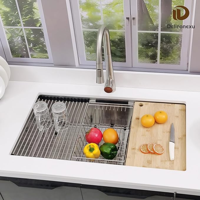 33 Inch Undermount Kitchen Sink Workstation – Delironexu 16 Gauge Undermount Stainless Steel Sink, 33x19 Kitchen sink Single Bowl with 6 Accessories, Multi-Functional Workstation Sinks