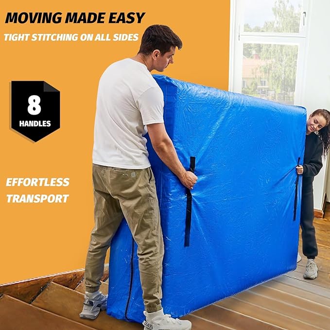 Mattress Bags for Moving, BETU Mattress Protector Waterproof Mattress Cover Queen Size Storage Bags with 8 Heavy-Duty Handles and Zipper for Bed Extra Thick Large Reusable(2 Pack, 82"x62"x15" Blue)