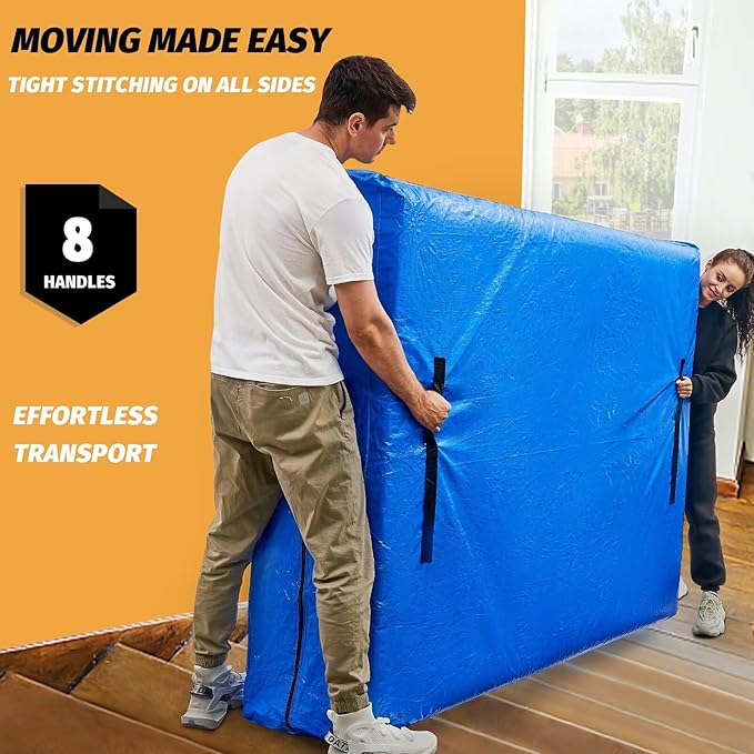 Mattress Bags for Moving, BETU Mattress Protector Waterproof Mattress Cover Full XL Size Storage Bags with 8 Heavy-Duty Handles and Zipper for Bed Extra Thick Large(2 Pack, 82"x57"x15" Blue)