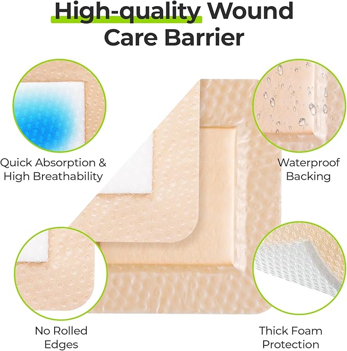 AUVON Silicone Foam Dressing with Large Adhesive Border, 4" x 4" 7 Packs Wound Dressing Bandage with High Absorbency, Waterproof Silicone Foam Pads for Wound Care & Protection Plus Cushioning