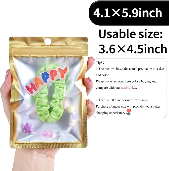 100 Pack Resealable Plastic Bags for Food Storage, Zipper Bags with Clear Front Window, Packaging Pouch for Small Business (Gold, 4.1x5.9 inch)