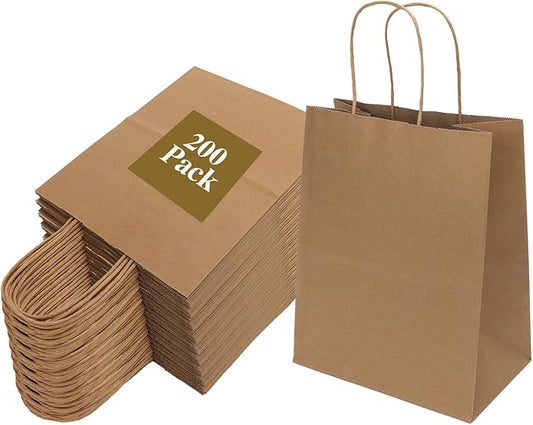 200 Pack 8x4.75x10 Inch Medium Brown Paper Bags with Handles Bulk, Joybe Kraft Paper Gift Bags for Birthday Party Favors Grocery Retail Shopping Business Goody Craft Blank Sacks (Plain Natural 200pcs)