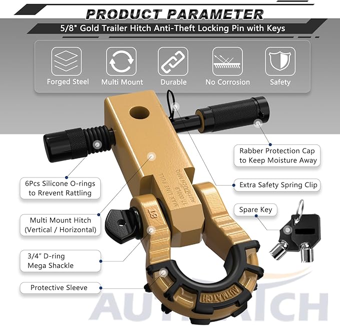 AUTMATCH Shackle Hitch Receiver 2" with 3/4" Mega D Ring Shackle and 5/8" Trailer Hitch Lock Pin, 68,000 Lbs Break Strength Heavy Duty Receiver Towing Kit for Off-Road Vehicle Recovery, Gold