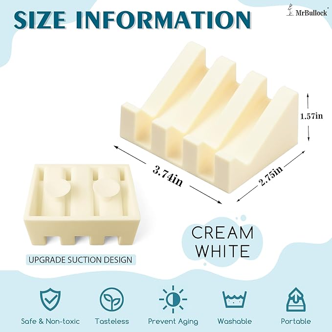 Silicone Soap Dish with Drain, Upgrade Double Suction Cups at The Bottom for Anti-Slip and Stability, Soap Dish Shower Waterfall Bar Soap Holder Tray with Drain Soap Holder (4, CreamWhite)
