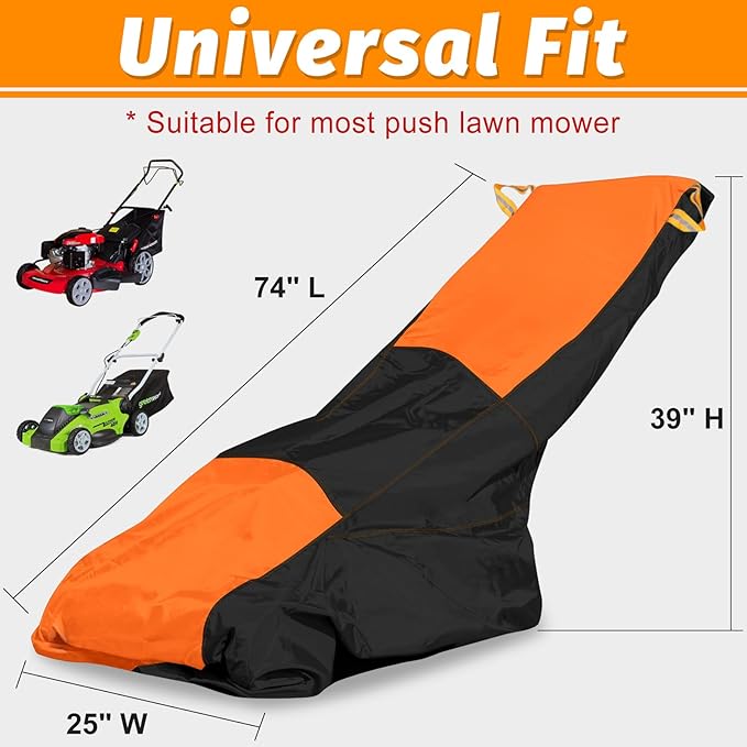 Lawn Mower Cover,Outdoor Push Mower Covers,Waterproof UV Protection Universal Fit Push Mower Cover.Protects Against Dust and Wind, Lawn Mower Accessories, with Storage Bag(Black&Orange)