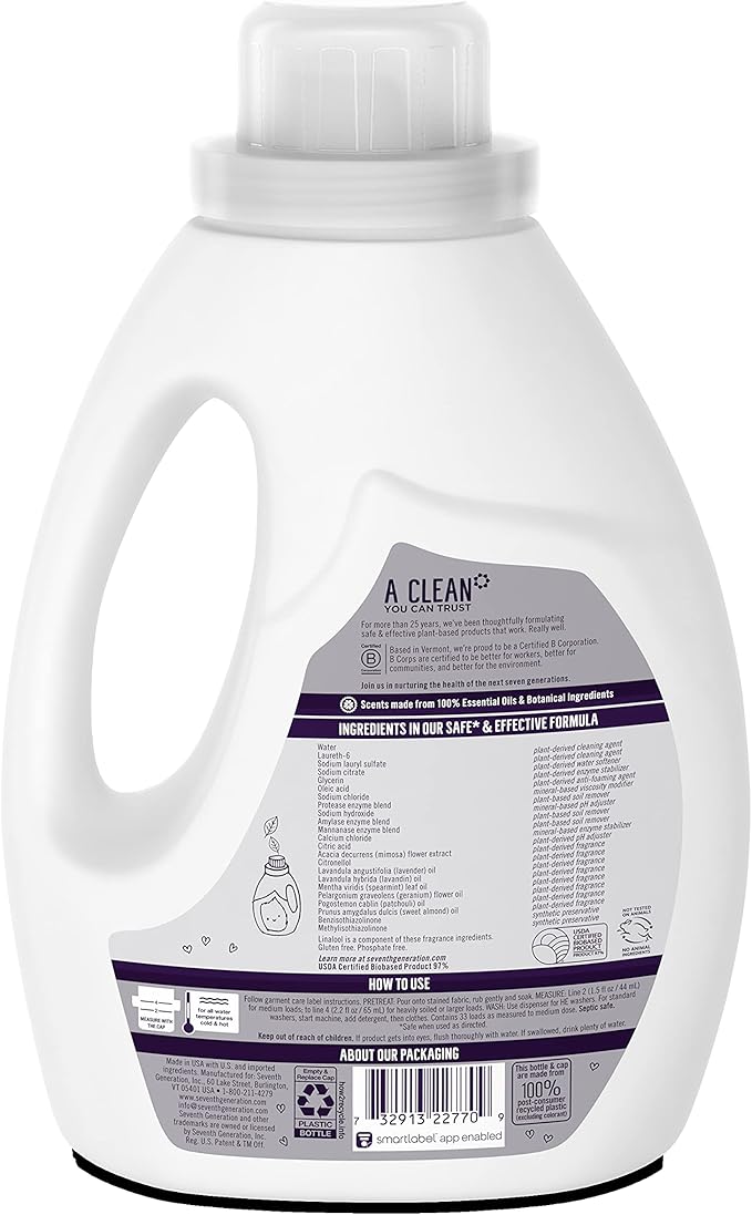 Seventh Generation Liquid Laundry Detergent, Fresh Lavender scent, 50 oz, 33 loads (Packaging May Vary)
