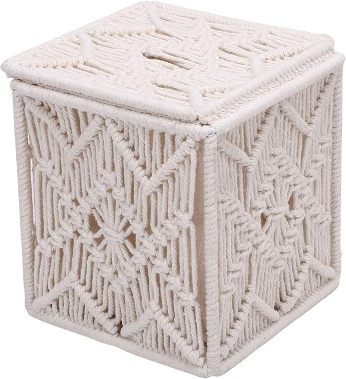 Tissue Box,lace Square Open Tissue Box,Cover Boho Decor Square Holder Woven Macrame Napkin Facial Paper Organizer Home Decor for Bedroom Living Room