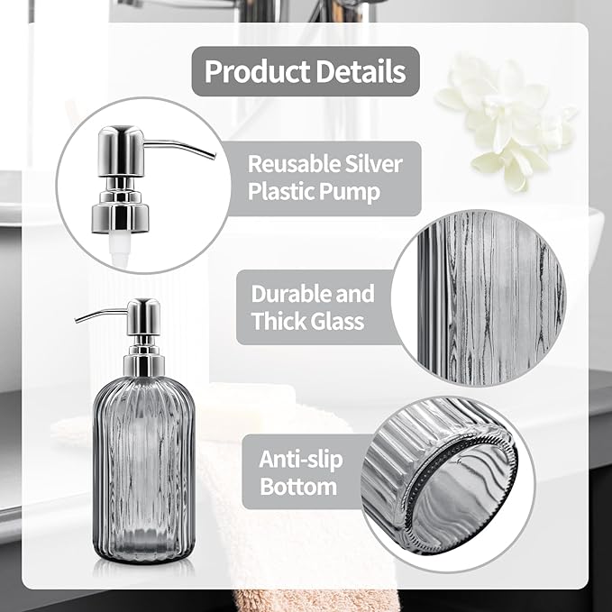 18 Oz Glass Soap Dispenser with Stainless Steel Pump, Modern Ribbed Design Refillable Liquid Soap Bottle for Bathroom, Kitchen, Hand Soap, Dish Soap, or Lotion (Grey)