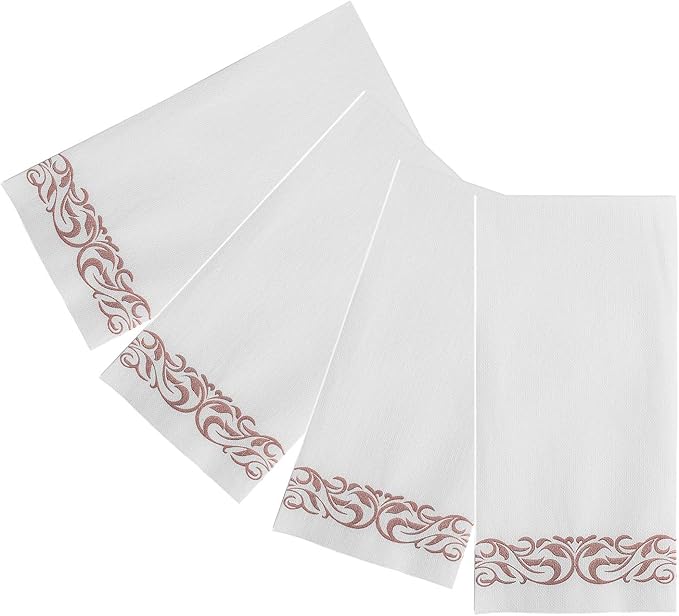 FOCUSLINE 100 Linen Feel Bathroom Napkins, Soft and Absorbent Disposable Guest Towels, Cloth-Like Paper Hand Towels Decorative Napkins for Dinners, Parties, Weddings or Events, Rose Gold, 12" x 17"