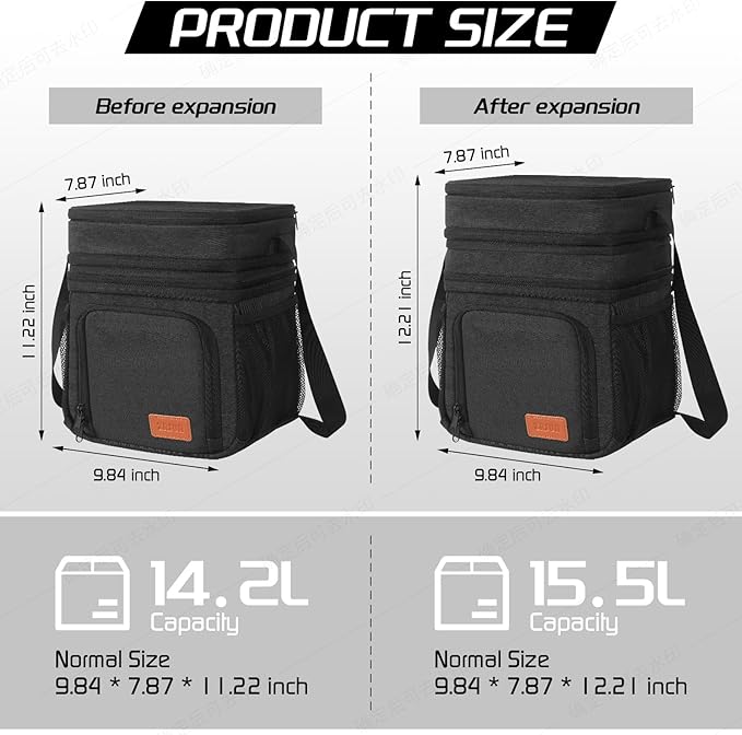 Insulated Lunch Bag for Women Men, Reusable 3 Layers Lunch Box Women, Expandable Reusable Water-resistant Lunch Box for Work Travel Office Picnic Hiking