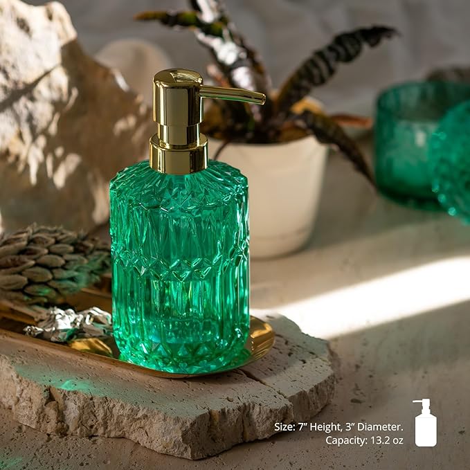 EMPO Clear Glass Soap Dispenser with ABS Plastic Pump, Crystal Lotion Dispensers for Kitchen Sink, Bathroom (Vintage Jade)