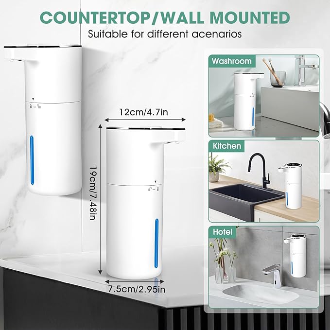 Touchless Automatic Soap Dispenser, 2 Pack Smart Sensor Foam Hand Wash Dispenser, USB Rechargeable & Adjustable Customizable for Bathroom Countertop Kitchen Sink, 13.5 oz White