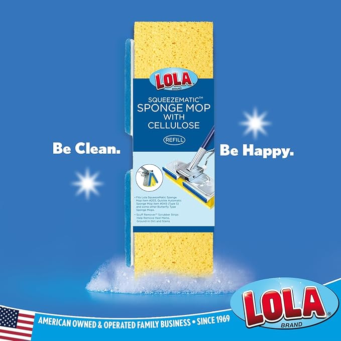 LOLA Cellulose SqueezeMatic Butterfly Sponge Mop Refill, 9", 6 Pack, Refill Head, Floor Cleaning, Compatible w/Quickie Type S Sponge Mop
