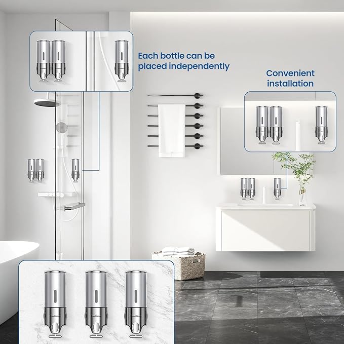 Shampoo and Conditioner Dispenser,Dispensers for The Shower,Shower Soap Dispenser 3 Chamber No Drill,Shampoo Conditioner Body Wash Dispenser Wall Mount for Bathroom(Triple x 17.6 oz,Silver)