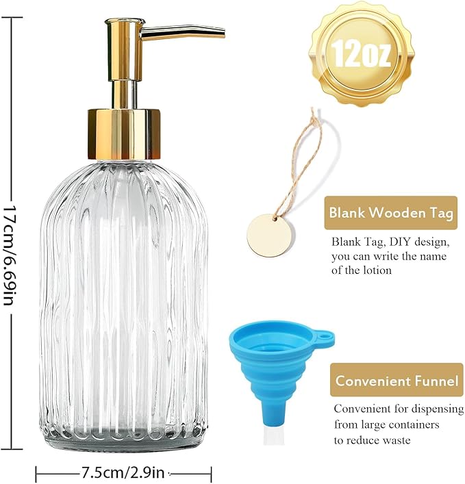 14Oz Gold Pump Glass Soap Dispenser, Clear Stripe Countertop Refillable Liquid Bottle Hand Dish Lotion Dispenser with Plastic Pump, for Kitchen, Bathroom