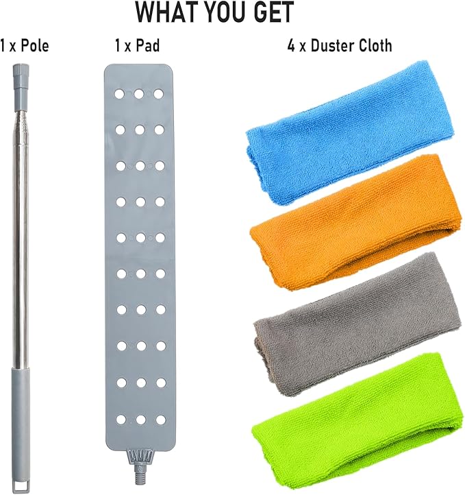 Retractable Gap Dust Cleaner Brush with 4 pcs Replacement Duster Cloth, 100 inches Extendable Pole, Flexible Microfiber Duster for Cleaning Under Refrigerator, Sofa,Couch Bed, Furniture
