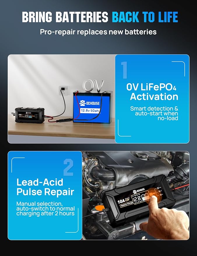 DC House Battery Charger 12V 10A, Smart Car Trickle Charger Fully Automatic Maintainer Desulfator for Lead-Acid & LiFePO4 Batteries Car Motorcycle Truck Lawn Mower