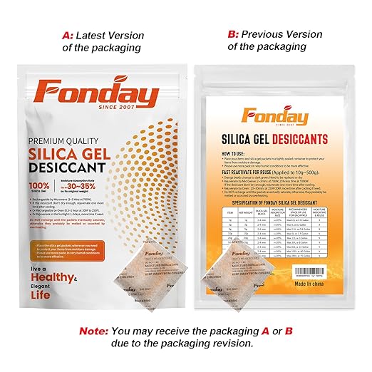 10g x 10 packs Fonday Rechargeable Silica Gel Desiccant Packets Food Grade Fast Reactivate Desiccant Bags Moisture Indicating Orange to Green