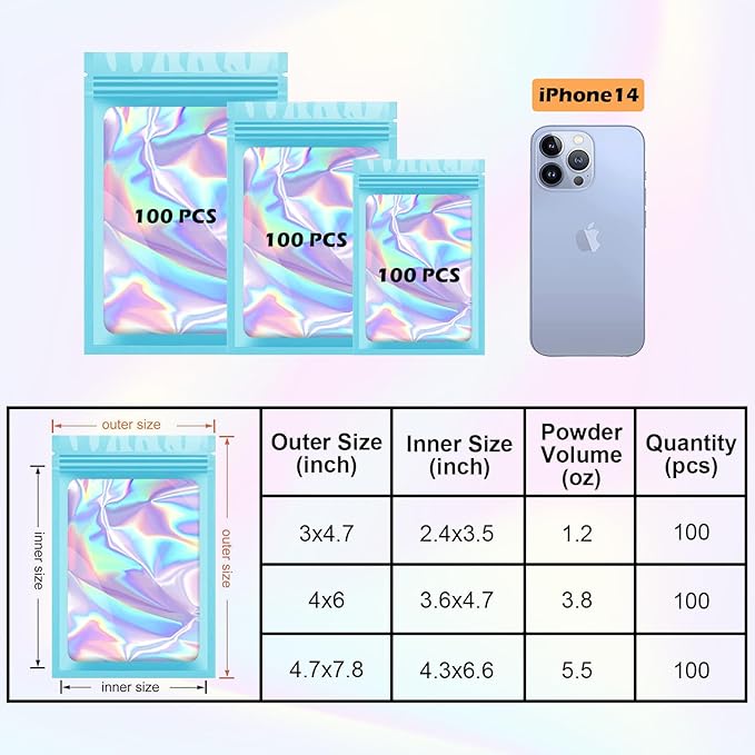 300 Pcs Holographic Mylar Bags, 3 Size Smell Proof Bags with Clear Window Foil Pouch Bags Resealable Bags for Small Business and Food Storage, Blue